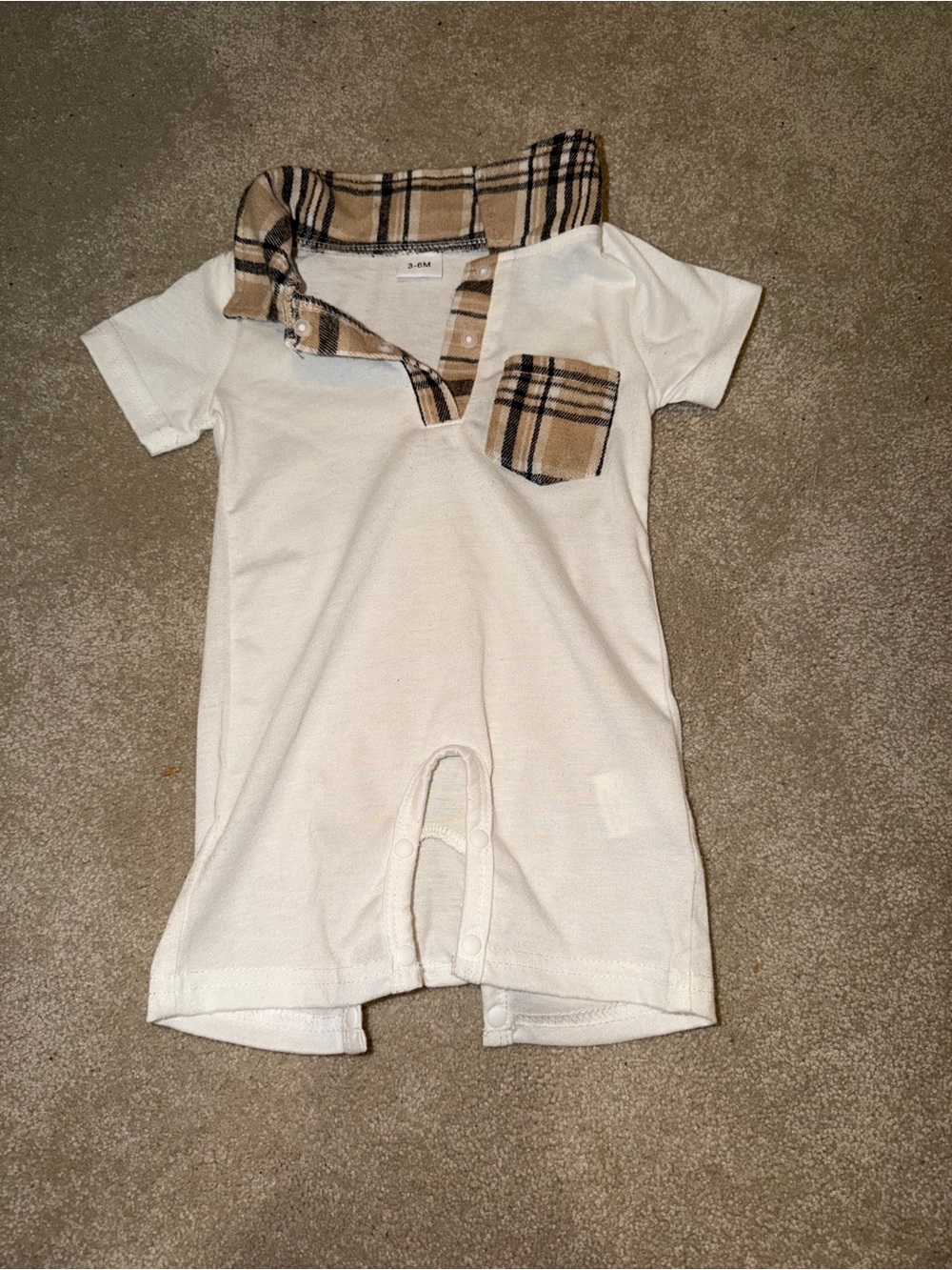 Baby Cream One-Piece Romper with Plaid Trim